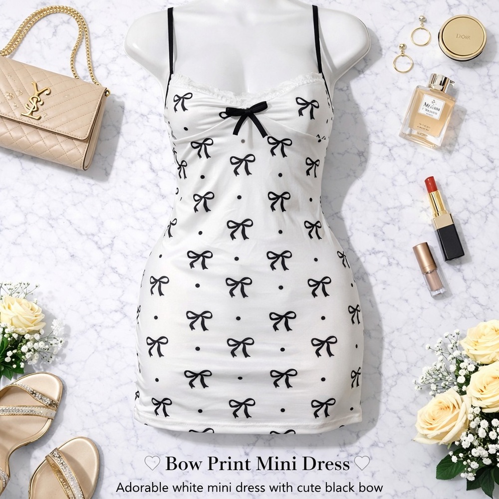 ❤️White Mini Dress with Black Bow Print